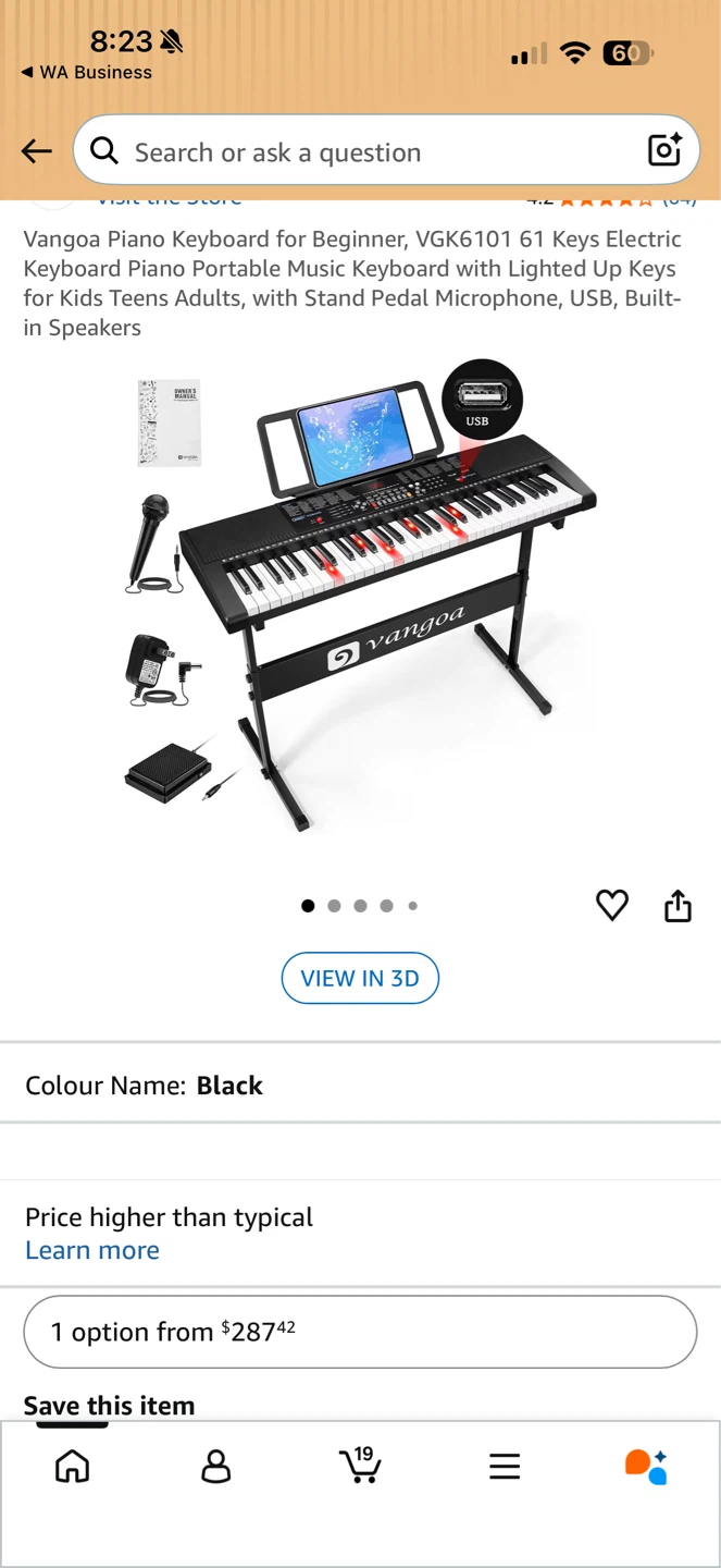 Vangoa VGK6101 61-Key Portable Electronic Keyboard Piano - Black