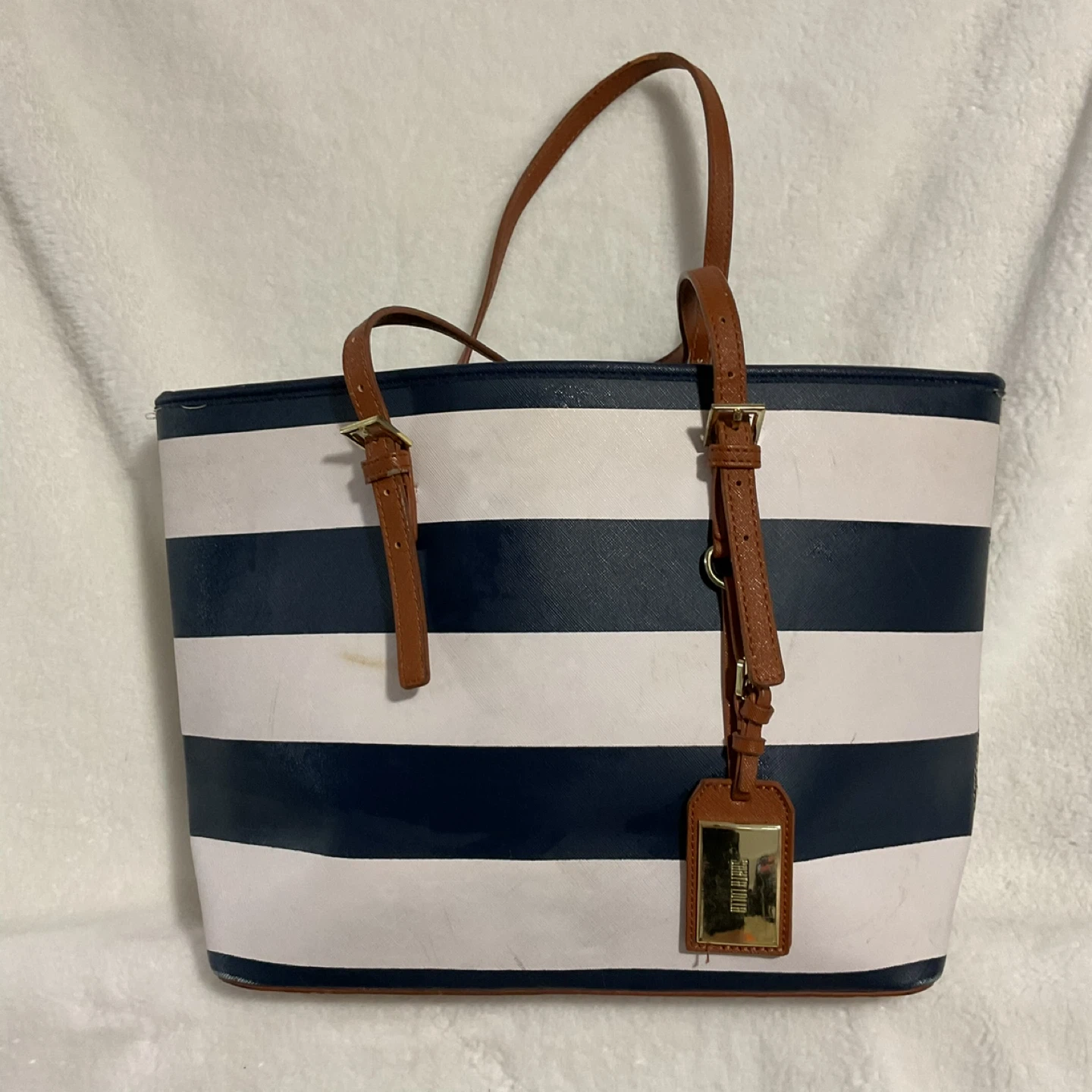 Navy and White Striped Tote Bag with Brown Straps - photo 2
