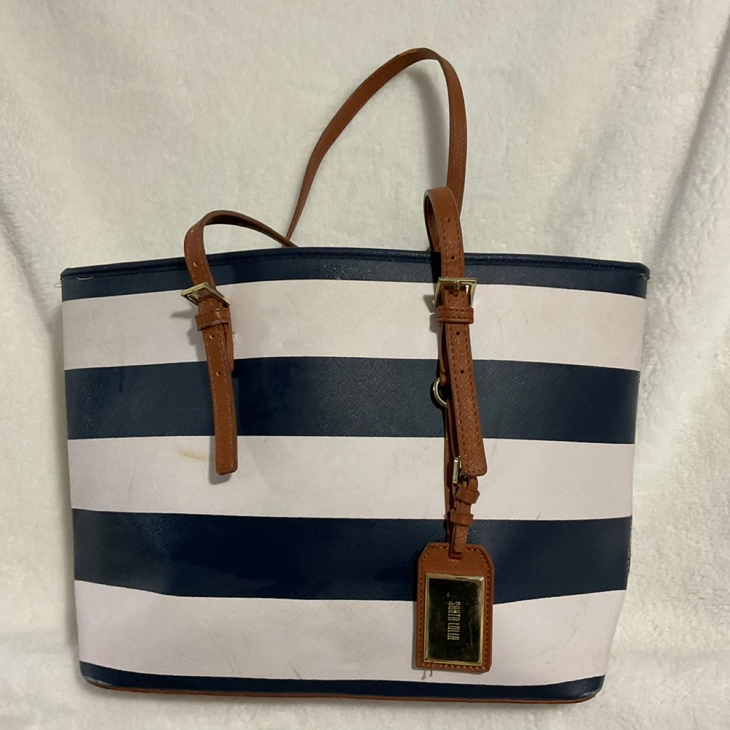 Navy and White Striped Tote Bag with Brown Straps