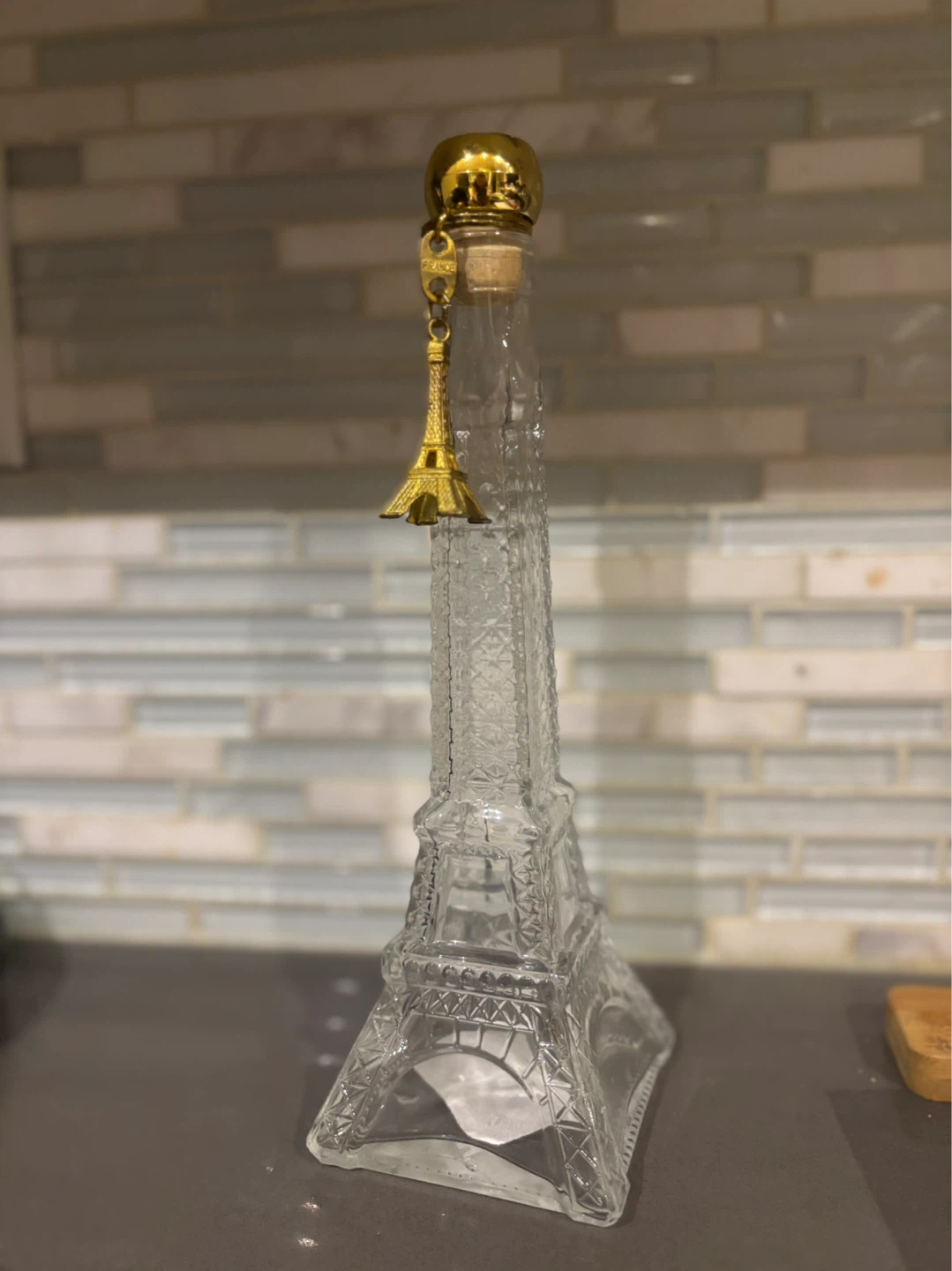 Vintage Eiffel Tower Glass Decanter Bottle Gold Stopper