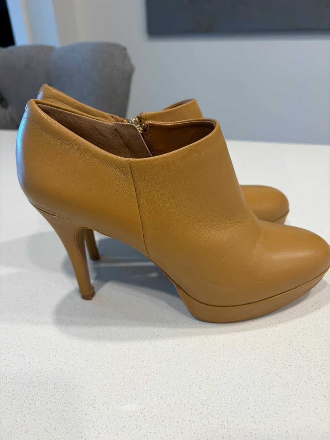 Tan Leather Ankle Boots with Zipper