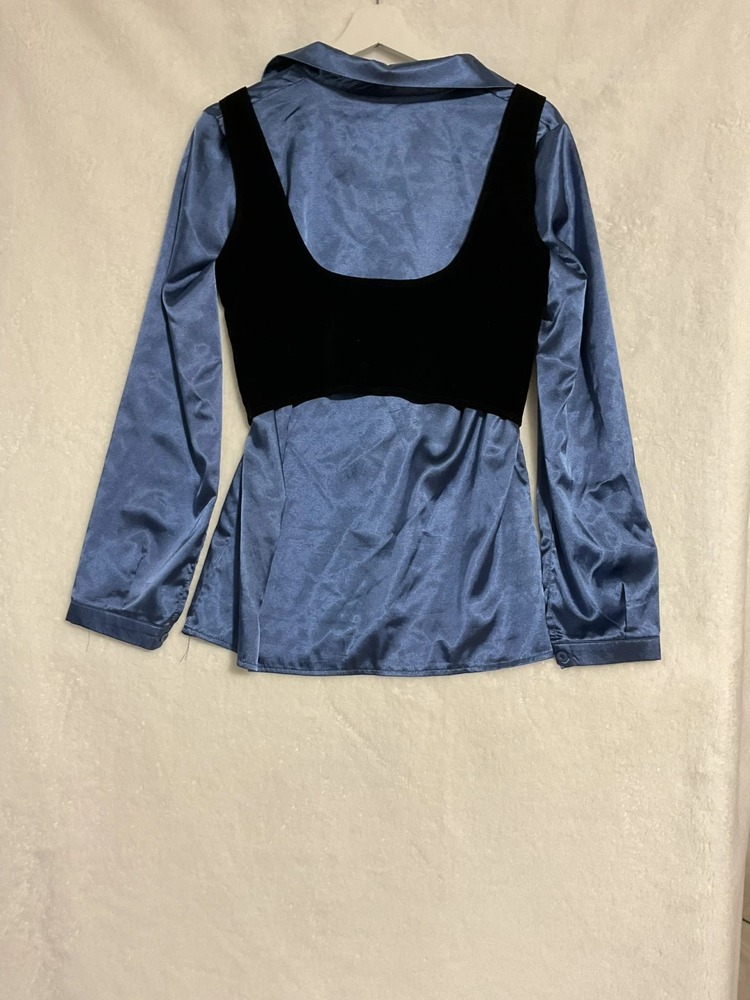 Blue Satin Button-Up Shirt with Black Corset Vest
