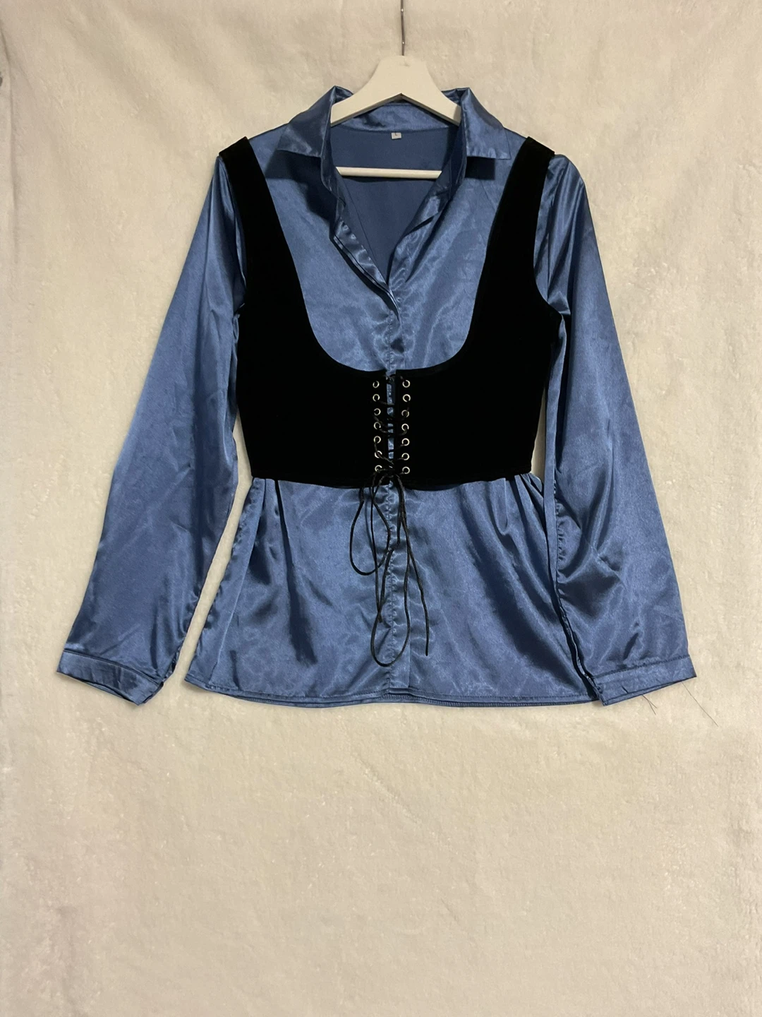Blue Satin Button-Up Shirt with Black Corset Vest - photo 3
