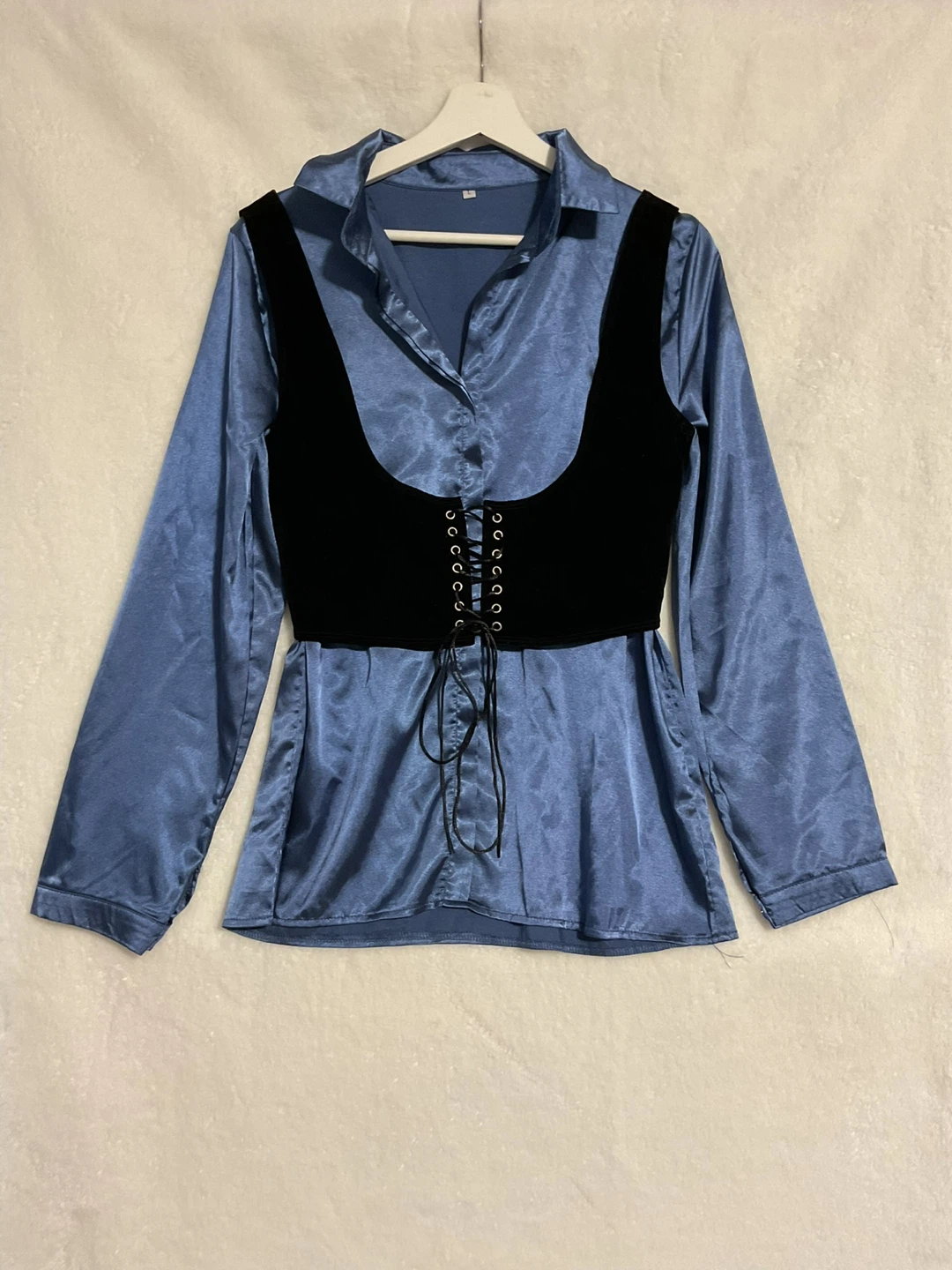 Blue Satin Button-Up Shirt with Black Corset Vest - photo 2