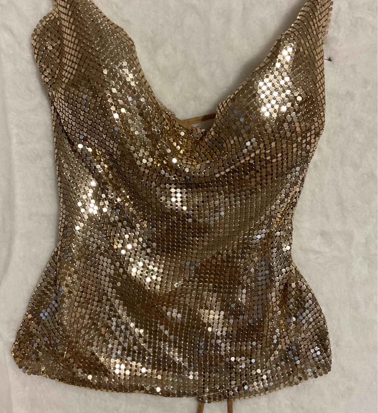 Gold Sequin Cami Top with Lace-Up Back