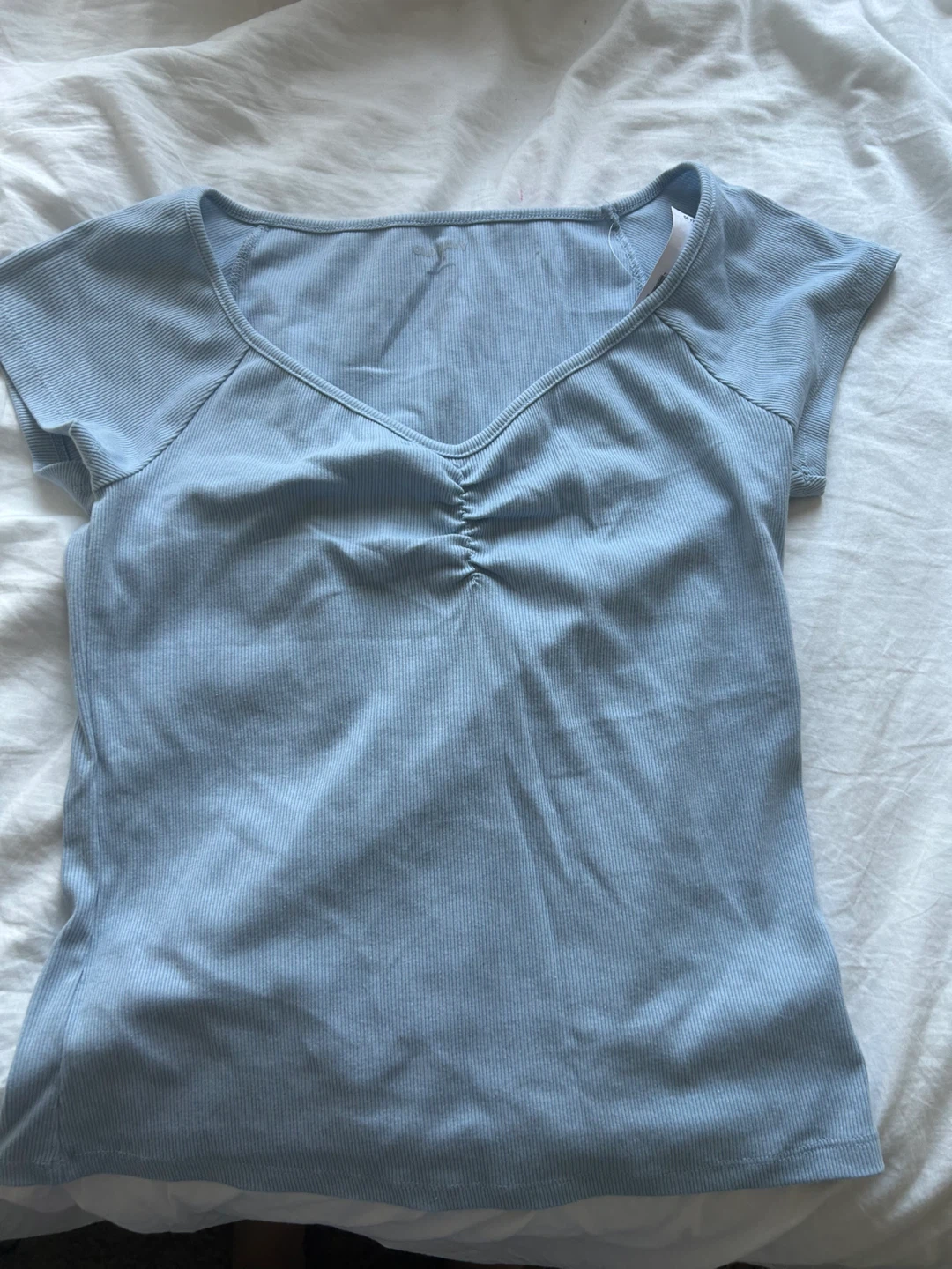 Old Navy Light Blue Ribbed Ruched V-Neck T-Shirt