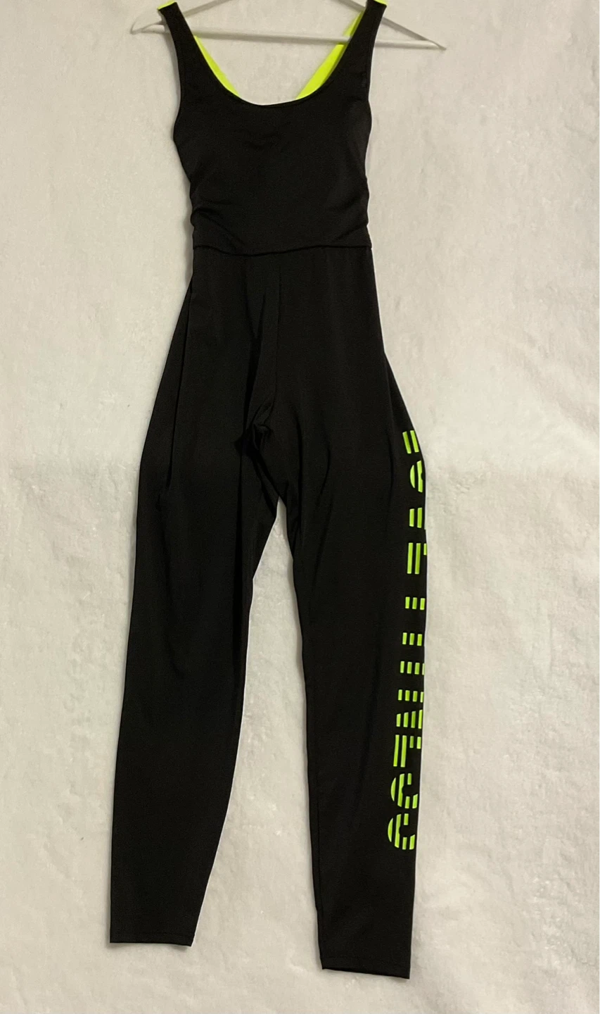 Black Jumpsuit with Neon Green Straps and Logo
