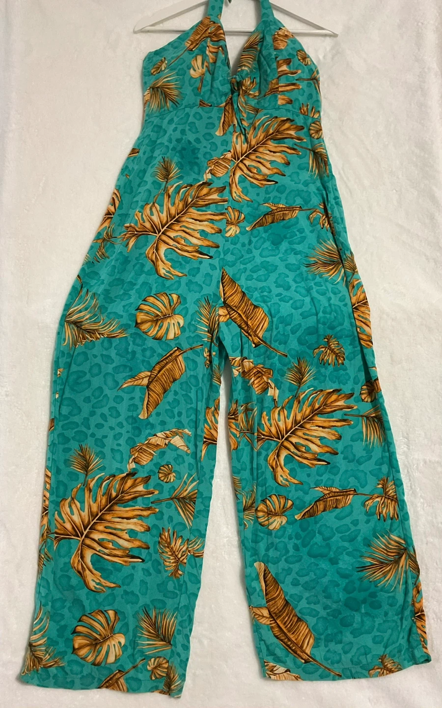 Teal Tropical Leaf Print Wide Leg Jumpsuit