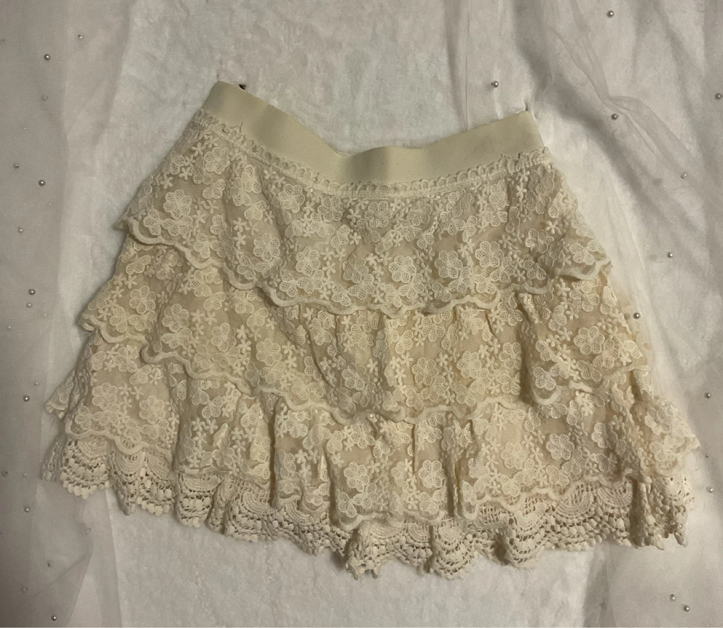 Cream Lace Tiered Mini Skirt