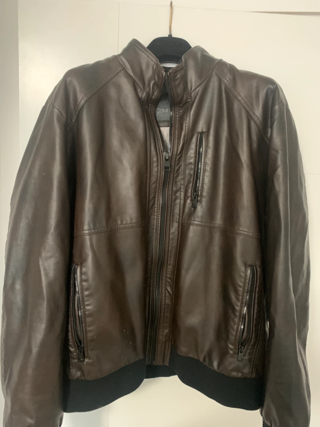 Calvin Klein Brown Faux Leather Bomber Jacket