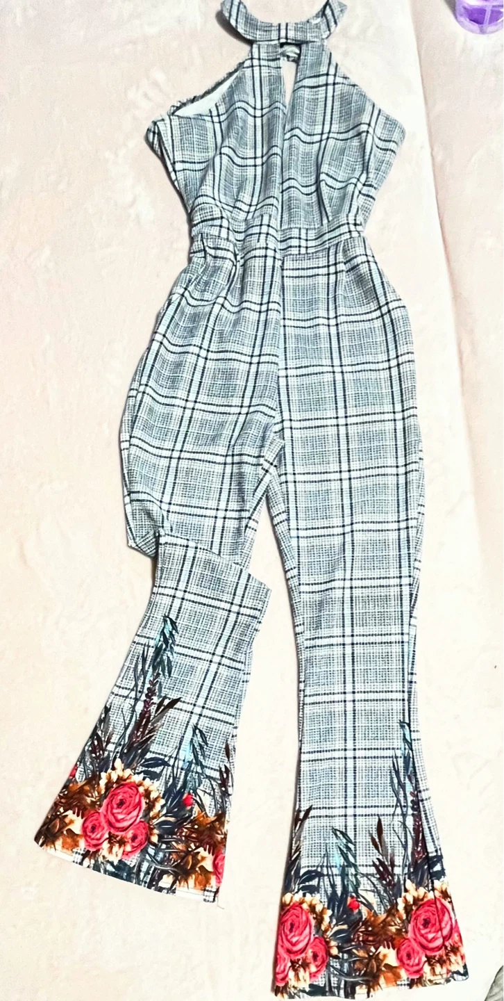 Women's Plaid Flare Leg Jumpsuit with Floral Accents