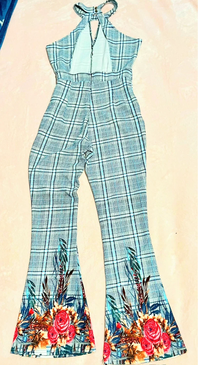 Women's Plaid Flare Leg Jumpsuit with Floral Accents - photo 2