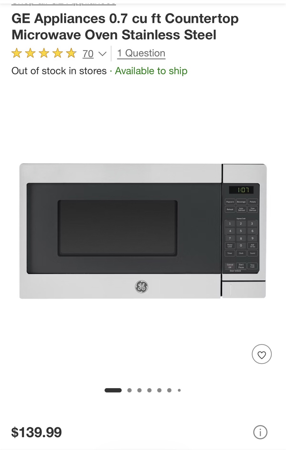 GE Appliances 0.7 cu ft Countertop Microwave - Stainless Steel