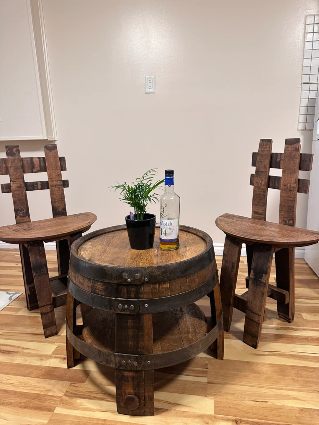Oak barrel coffee table with shelf