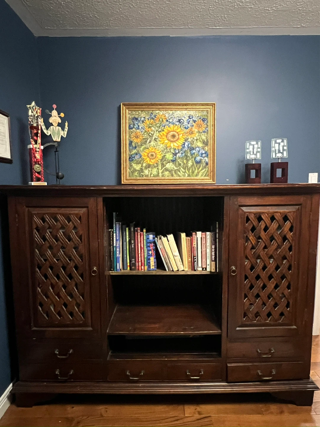 Vintage Wooden Media Console with Carved Doors