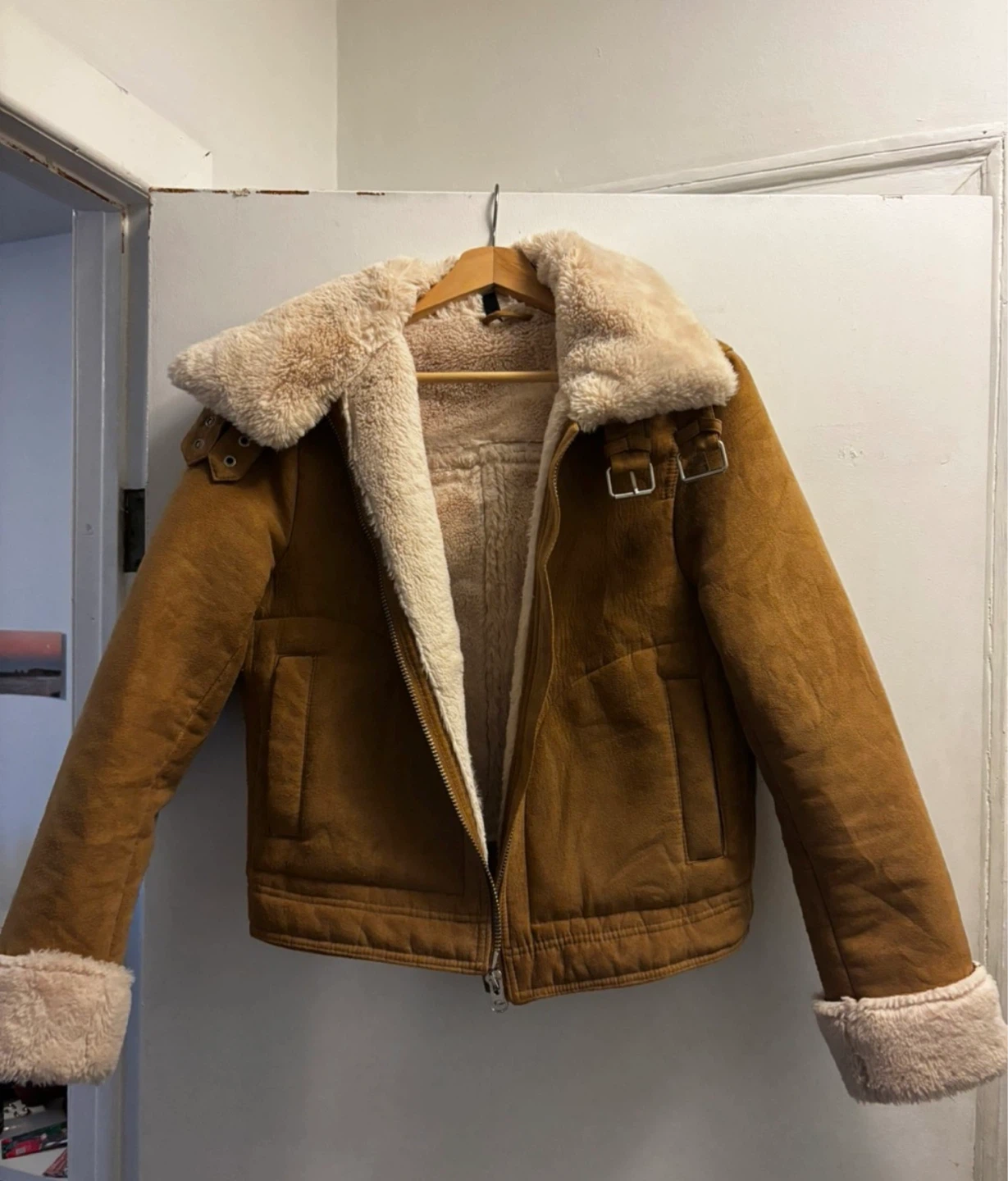 Brown Faux Suede Shearling Lined Aviator Jacket