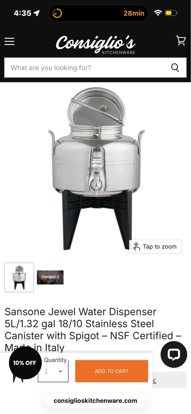 Sansone Jewel Water Jug/Dispenser 5L Stainless Steel with Spigot