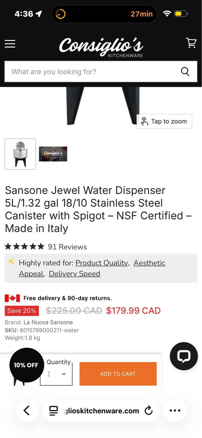 Sansone Jewel Water Jug/Dispenser 5L Stainless Steel with Spigot - photo 4