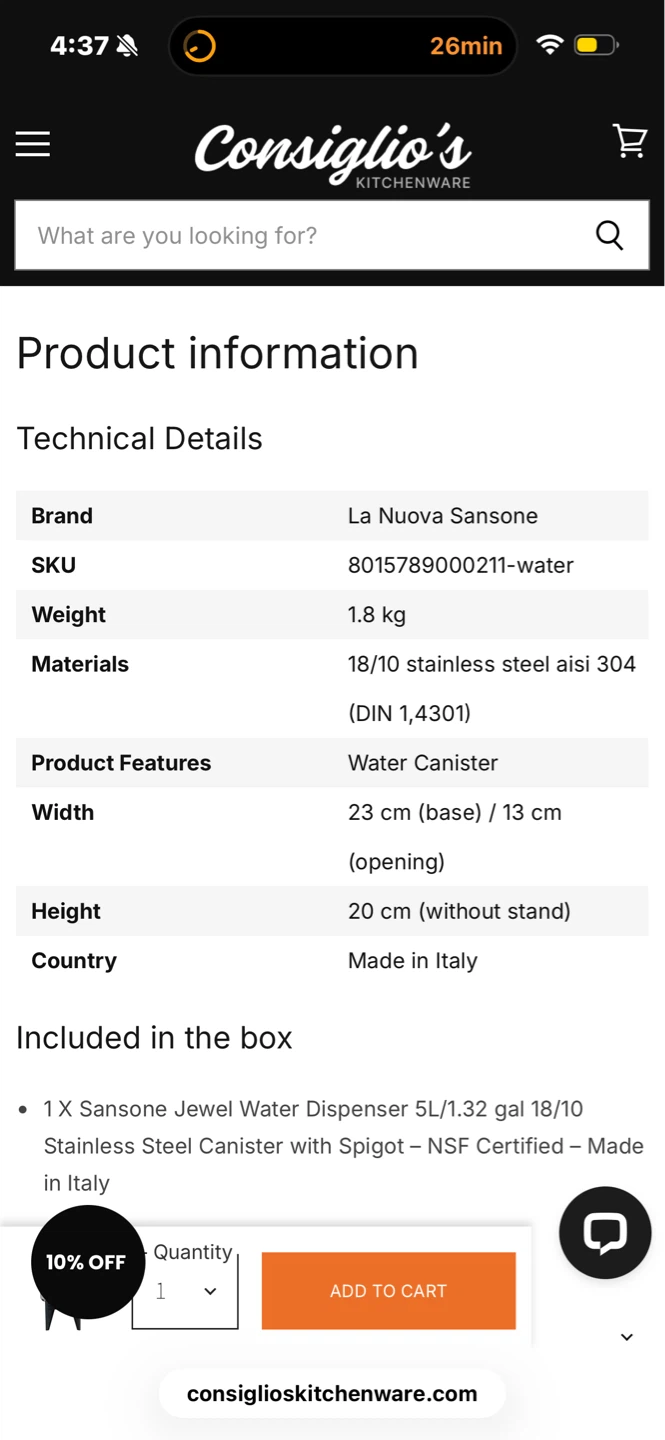 Sansone Jewel Water Jug/Dispenser 5L Stainless Steel with Spigot - photo 5