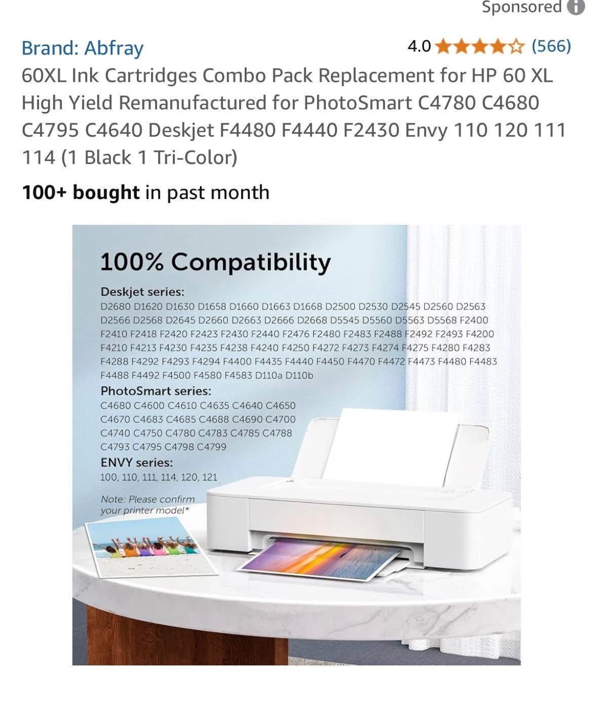 Abfray 60XL Ink Cartridges - 1 Black, 1 Tri-Color - photo 2