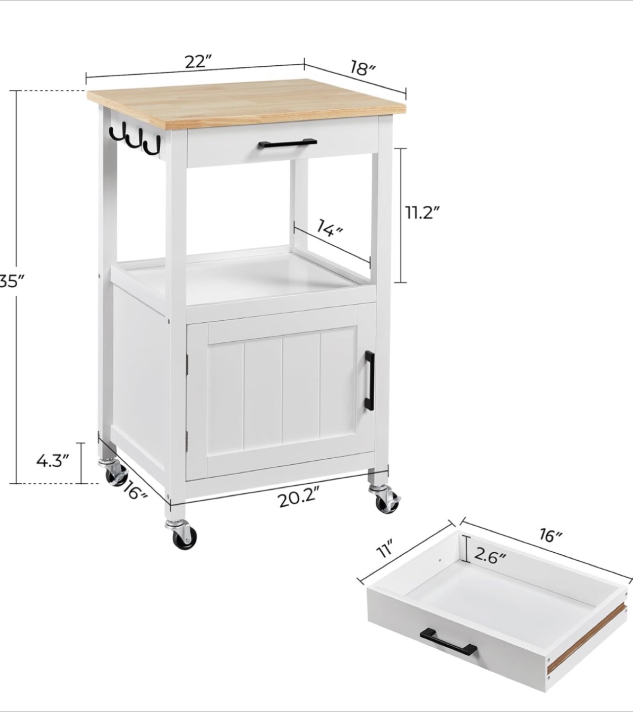 White Kitchen Cart with Wood Top and Storage - photo 3