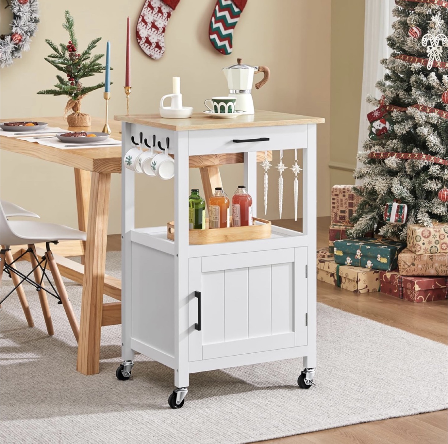 White Kitchen Cart with Wood Top and Storage