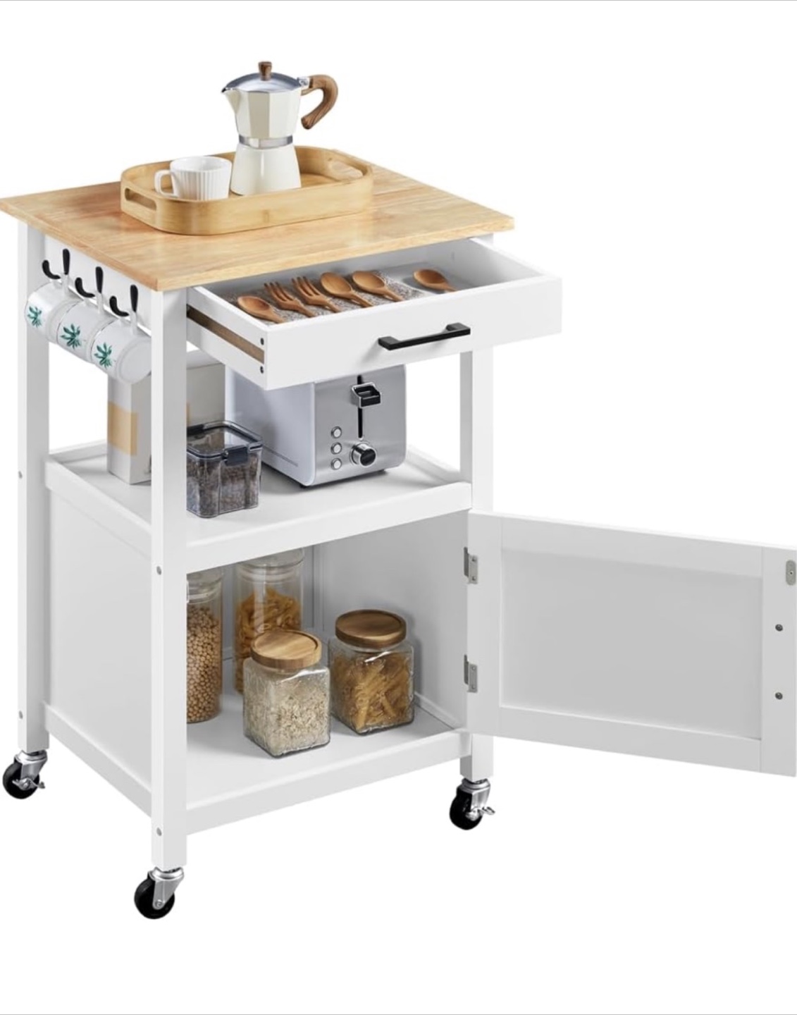 White Kitchen Cart with Wood Top and Storage - photo 2