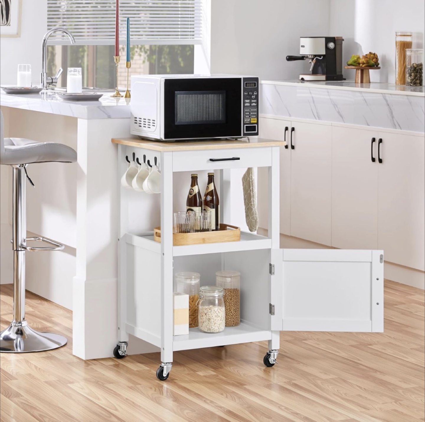 White Kitchen Cart with Wood Top and Storage - photo 5