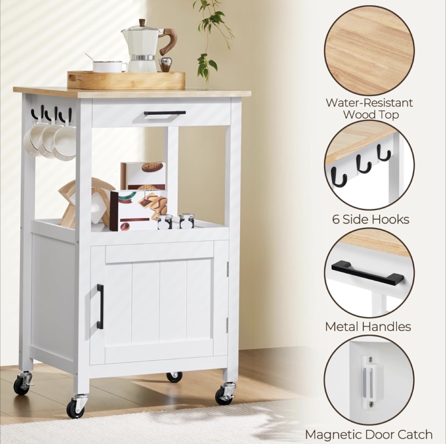 White Kitchen Cart with Wood Top and Storage - photo 4