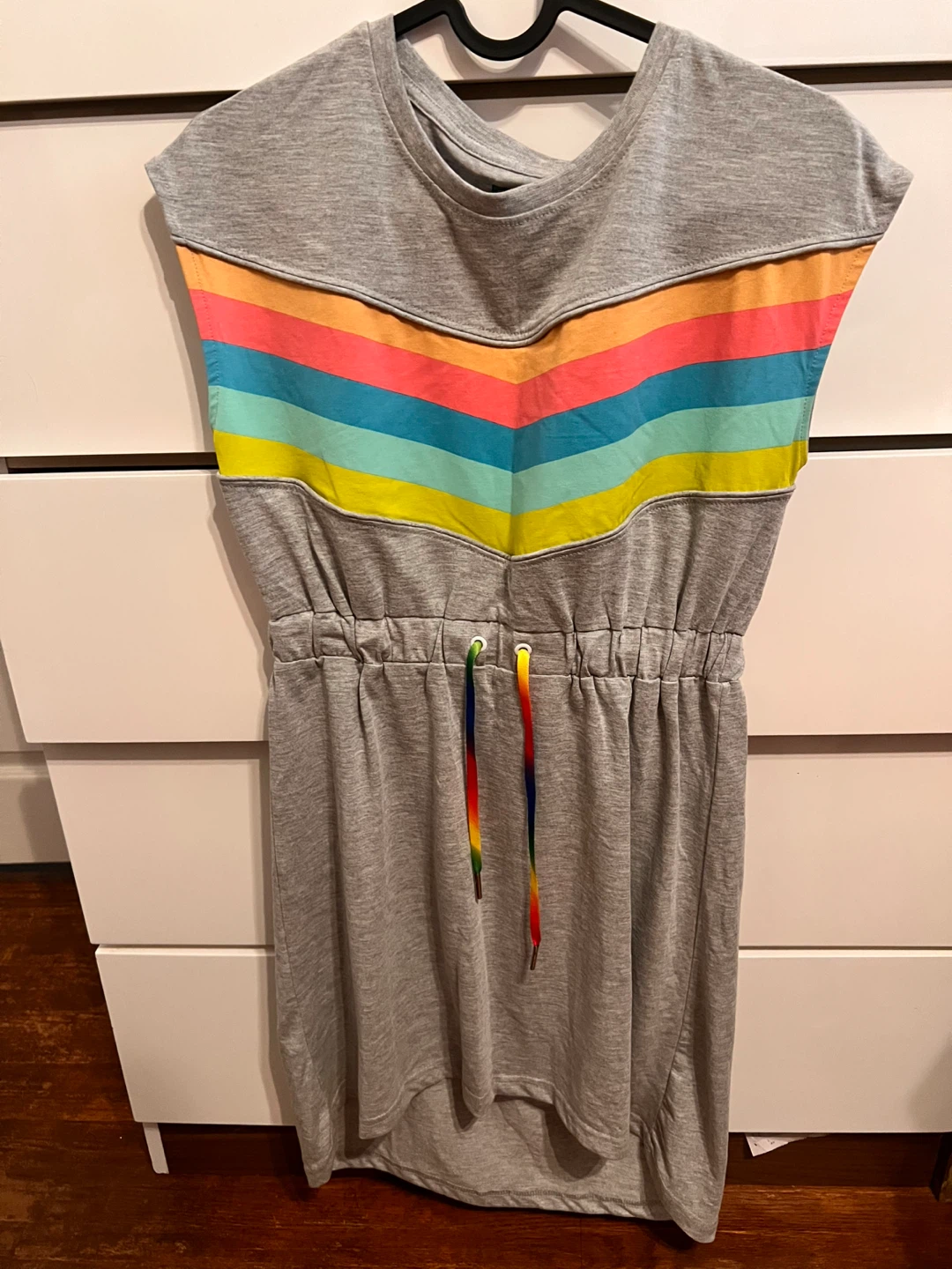Grey Rainbow Chevron Dress with Drawstring