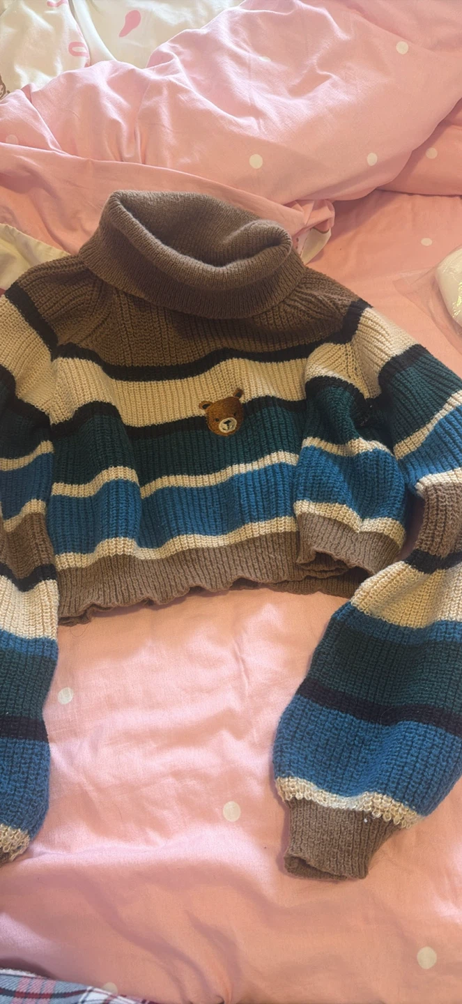 Striped Turtleneck Sweater with Bear Patch