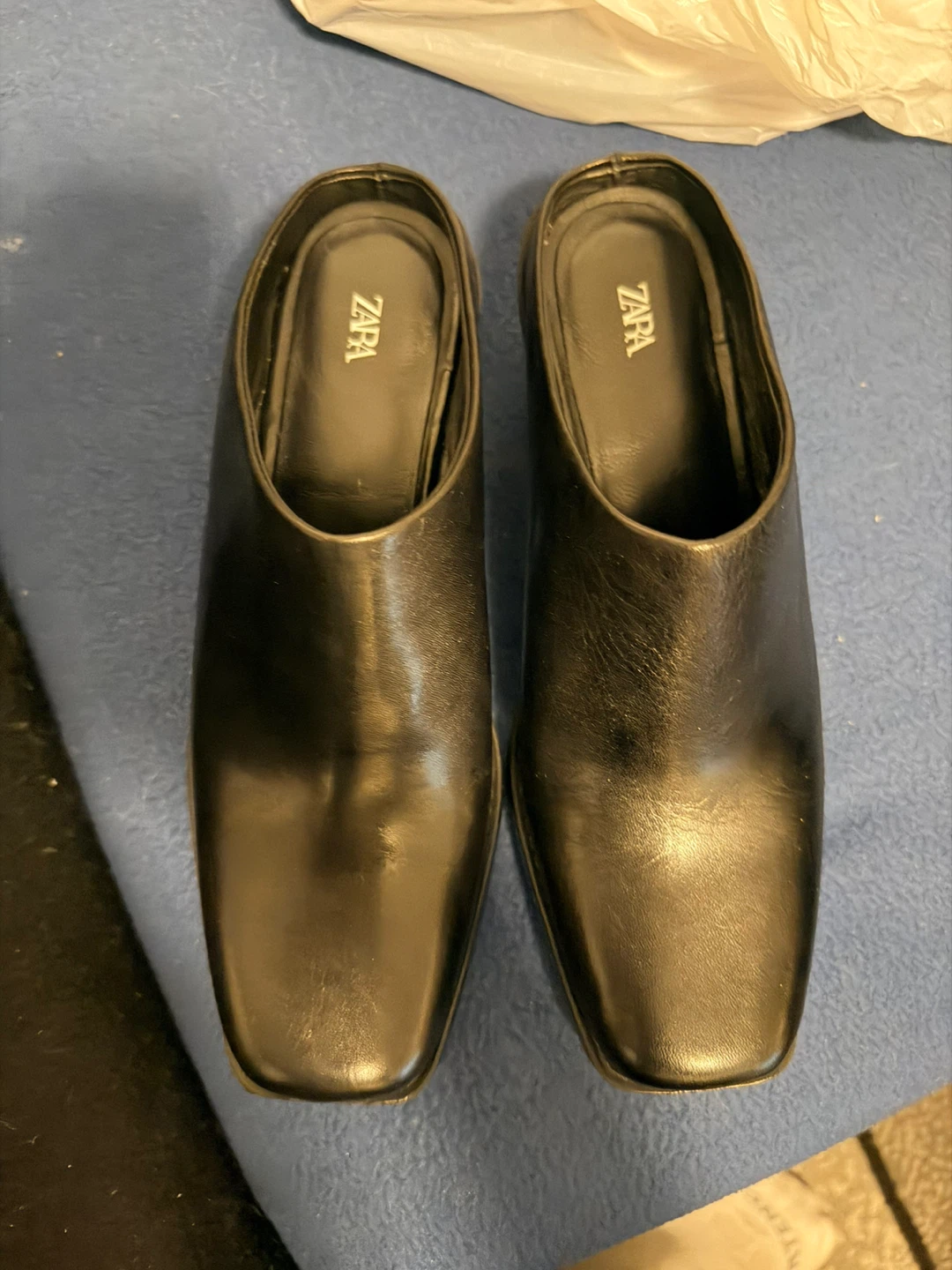 Zara Black Faux Leather Square Toe Mules