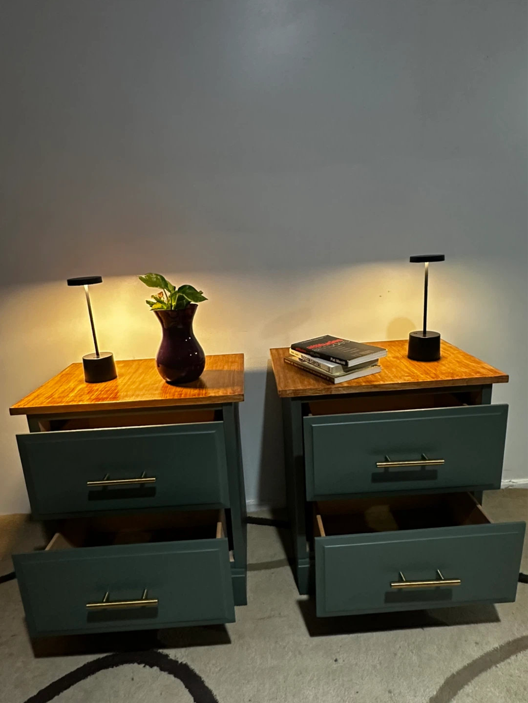 Pair of Dark Green Nightstands with Wood Tops