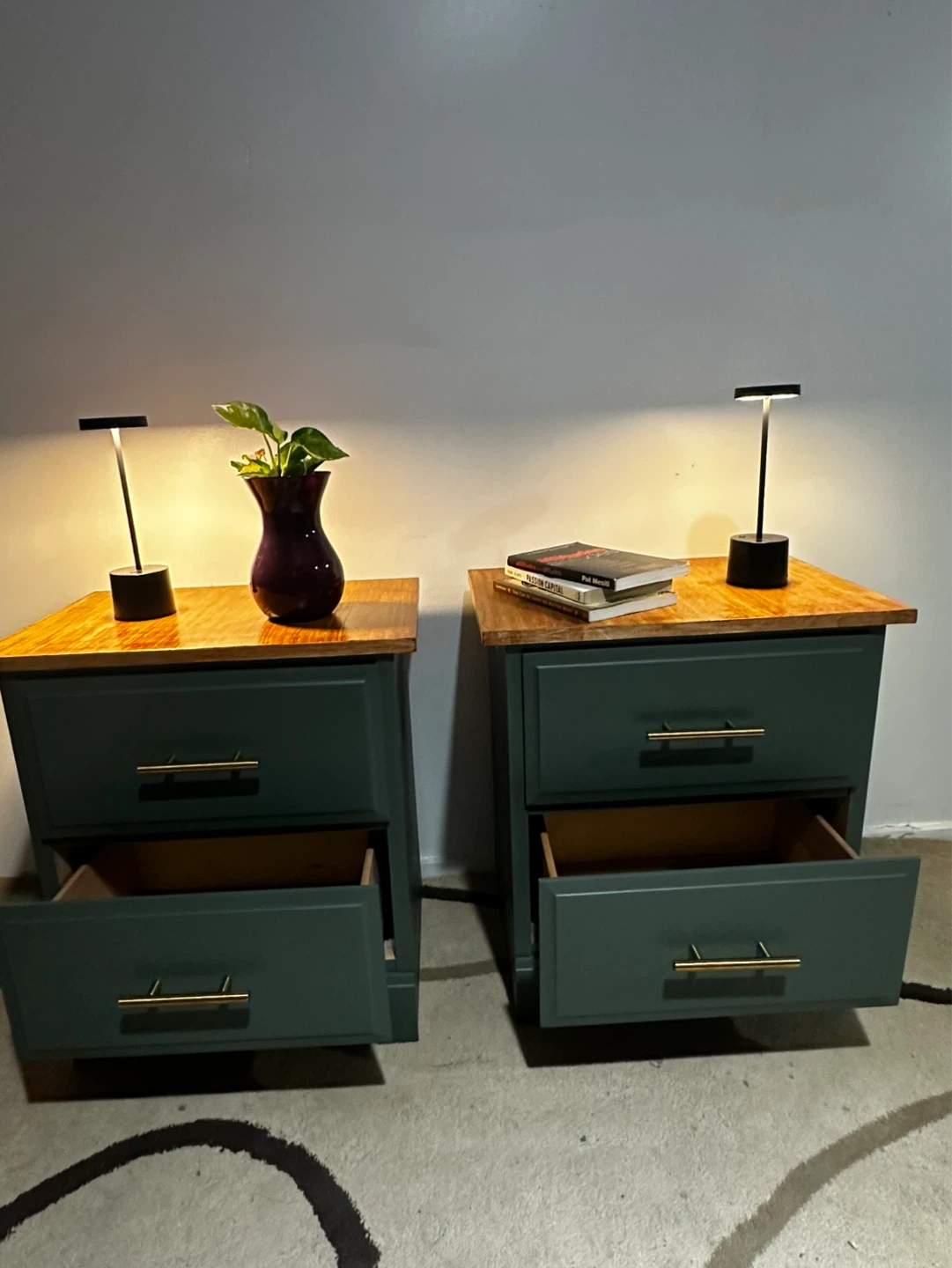 Pair of Dark Green Nightstands with Wood Tops - photo 3