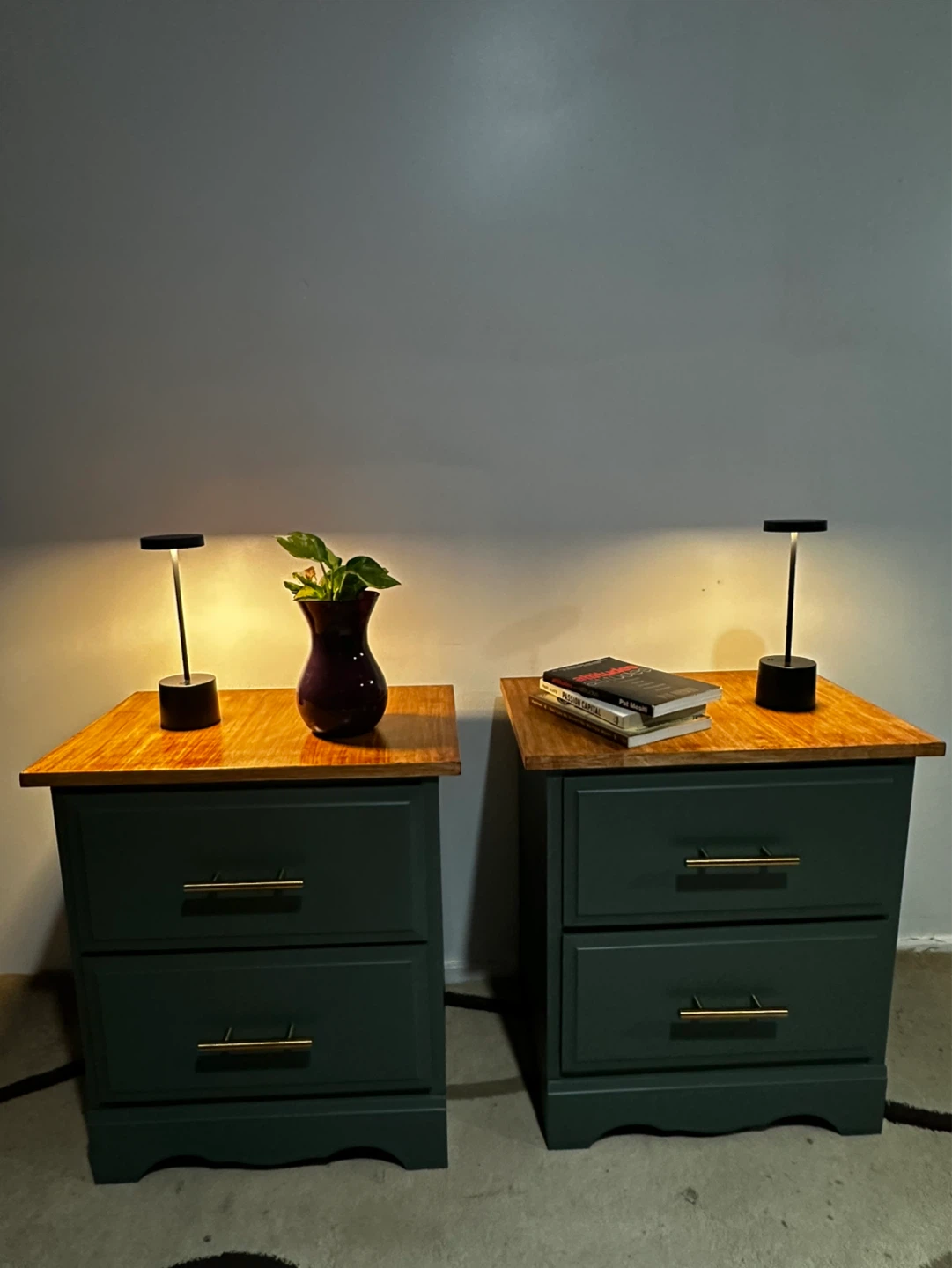 Pair of Dark Green Nightstands with Wood Tops - photo 2