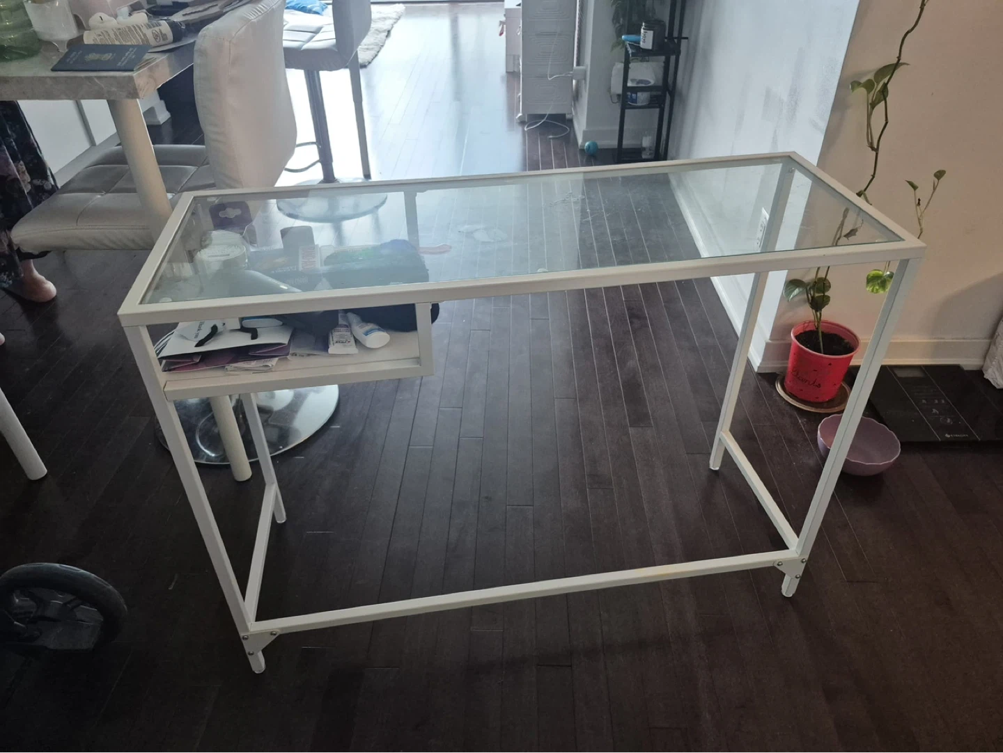 White Metal Desk with Glass Top