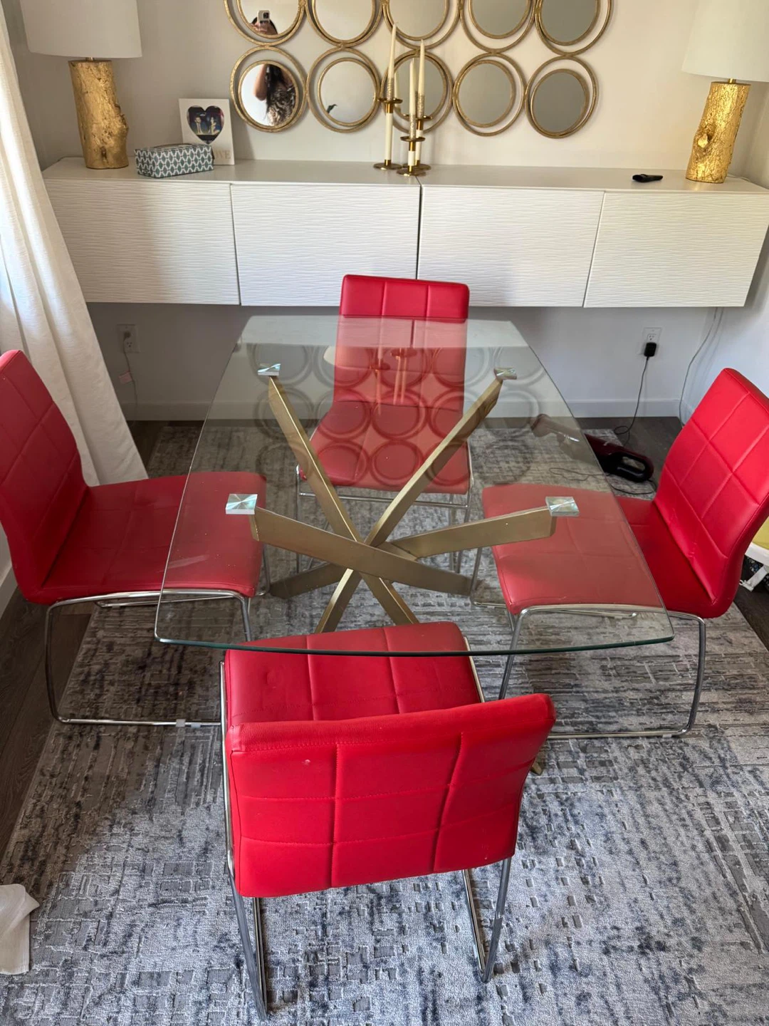 Glass Top Dining Table with 4 Red Chairs