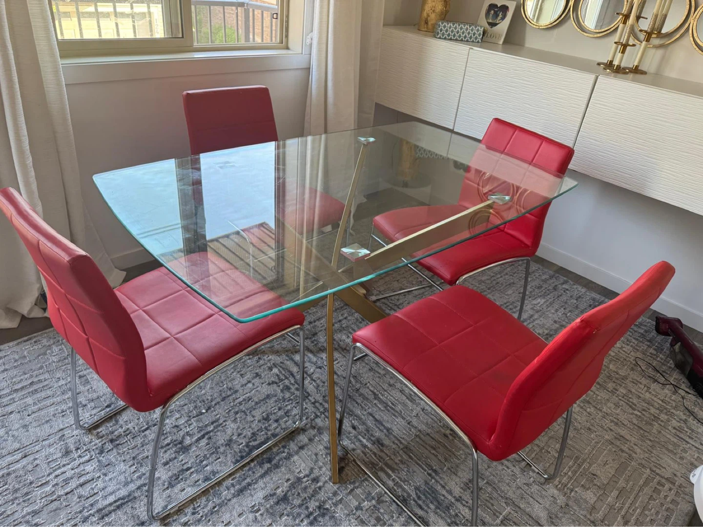 Glass Top Dining Table with 4 Red Chairs - photo 2