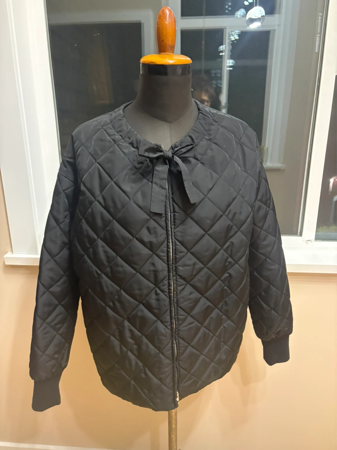 Quilted Bomber Jacket with Bow Detail - Black