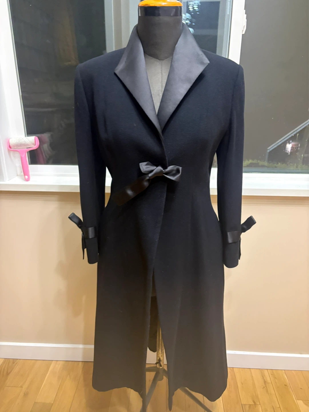 Black Wool Blend Coat with Satin Lapels and Bow Detail