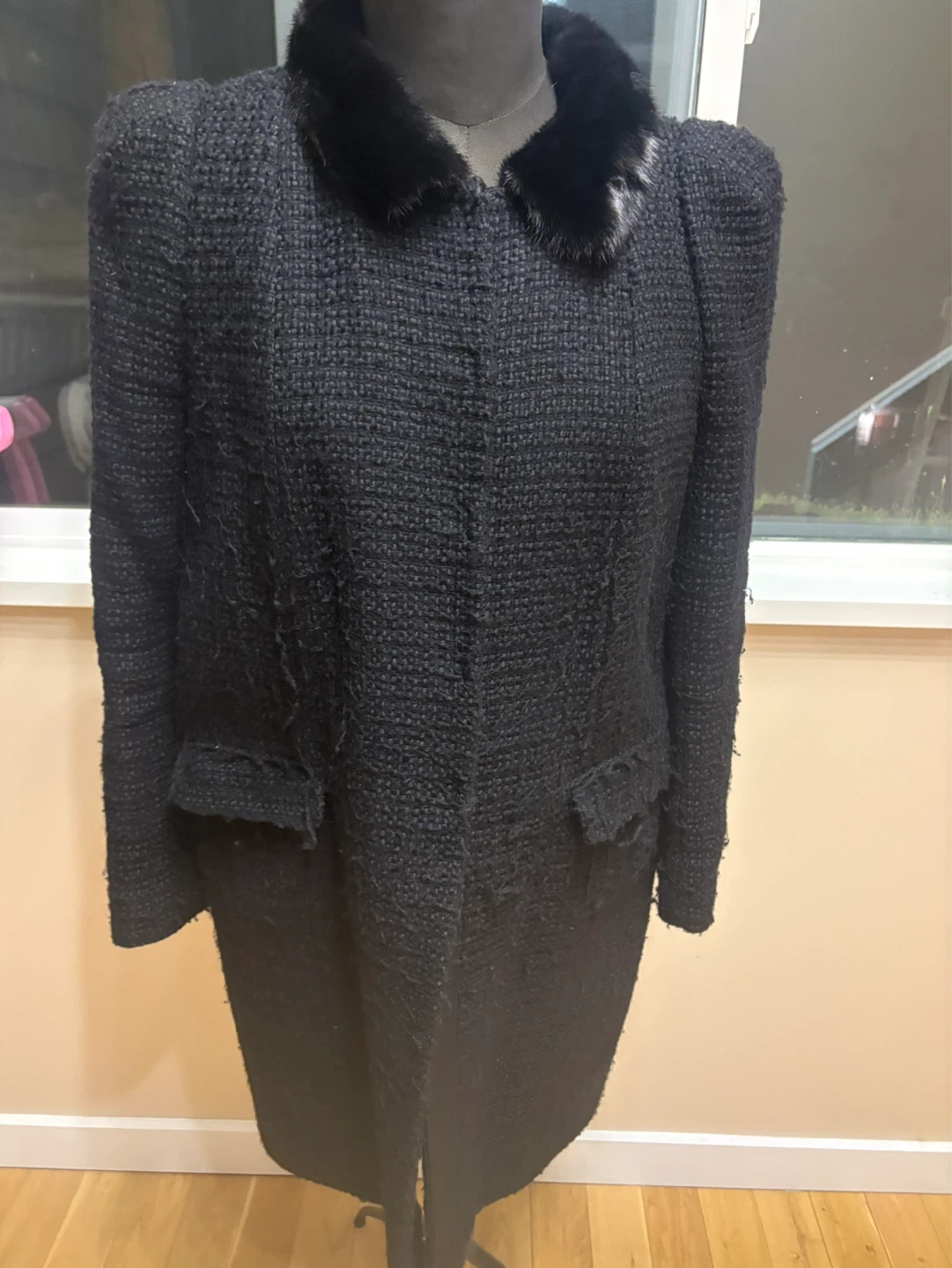 Tara Jarmon Black Tweed Coat with Fur Collar Size 42
