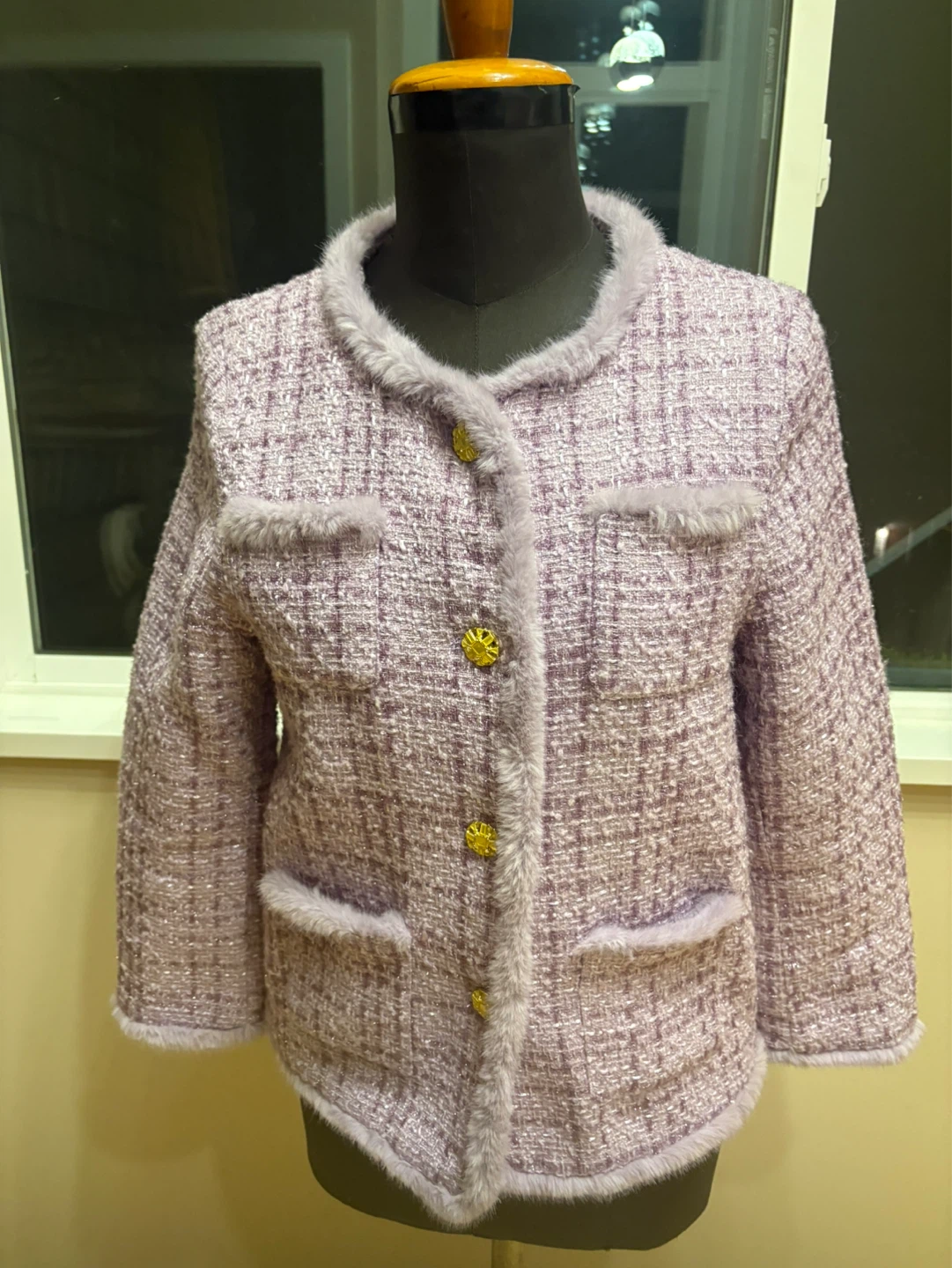 Lavender Tweed Jacket with Faux Fur Trim