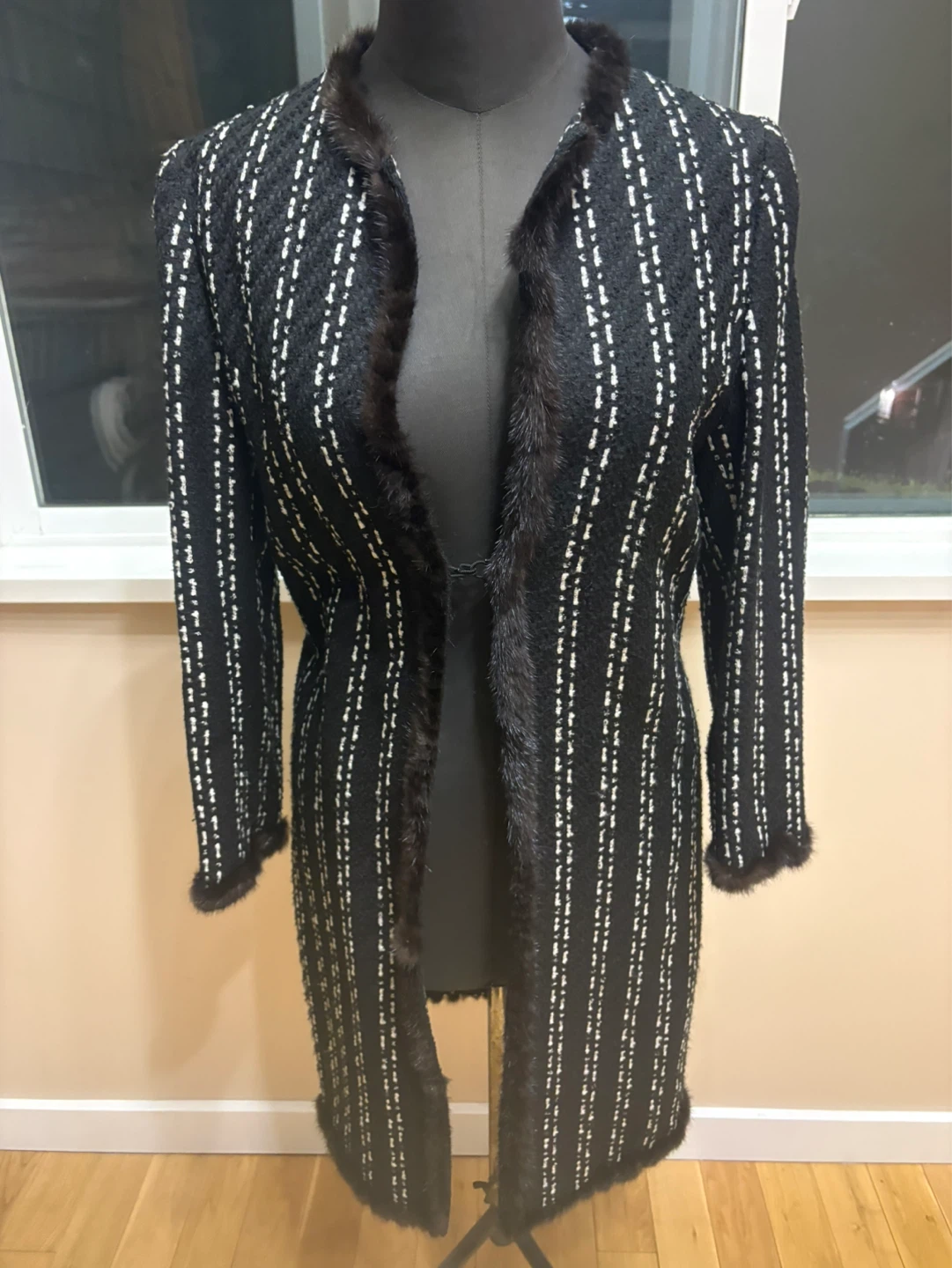 Women's Black and White Striped Coat with Fur Trim