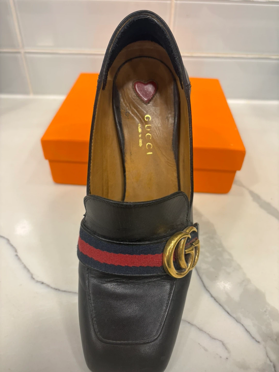 Gucci Black Leather Loafers with Pearl Heel