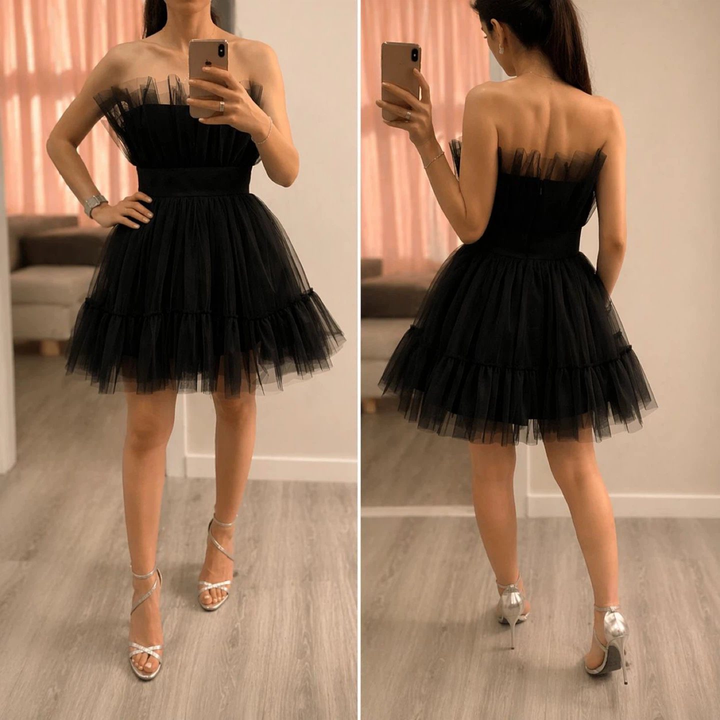 Black Strapless Tulle Mini Dress