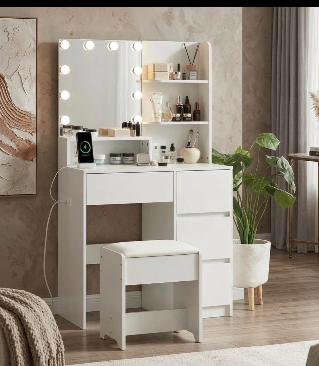 White Vanity Desk with Lights and Stool
