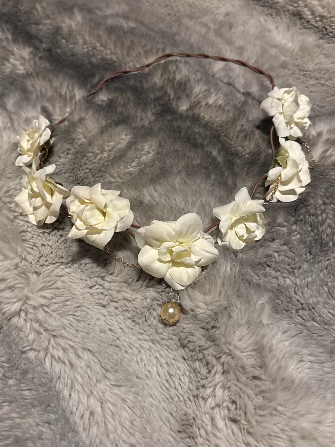 White Floral Headband with Pearl