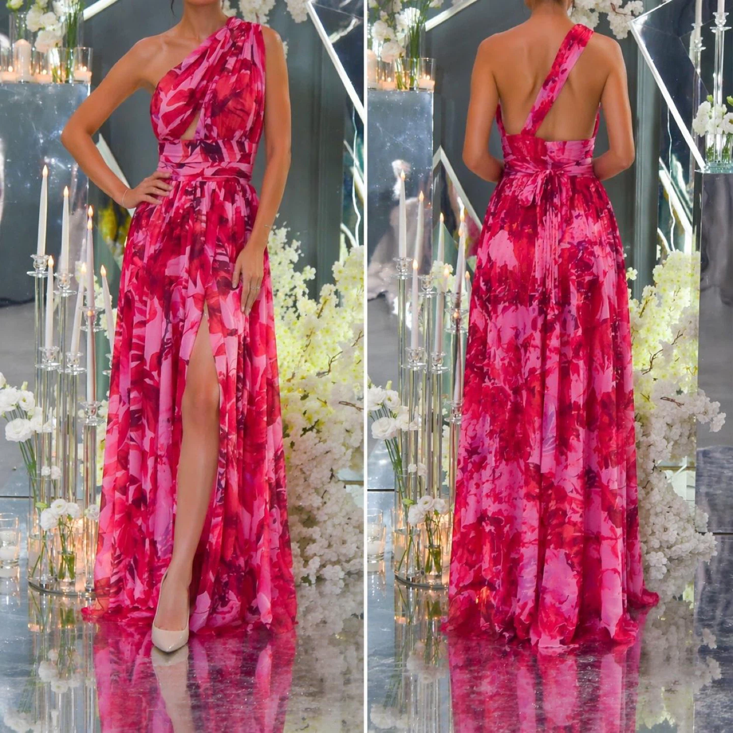 Floral Print One-Shoulder Maxi Dress