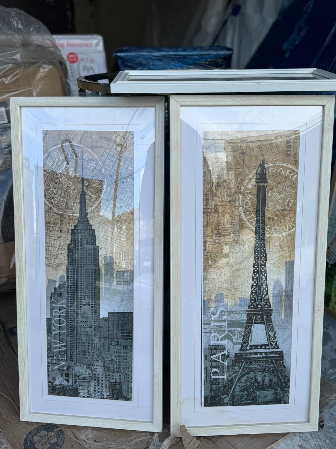 Set of 2 framed New York and Paris skyline art prints