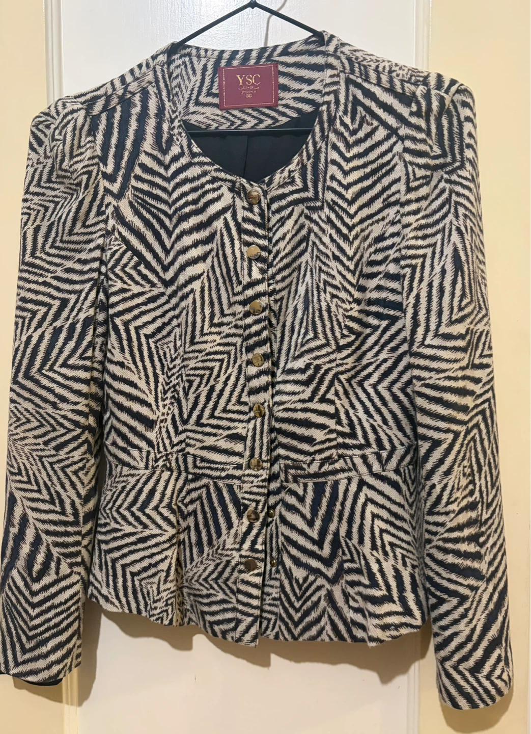 YSC Yoshiki Black & beige Geometric Print Blazer Size 36